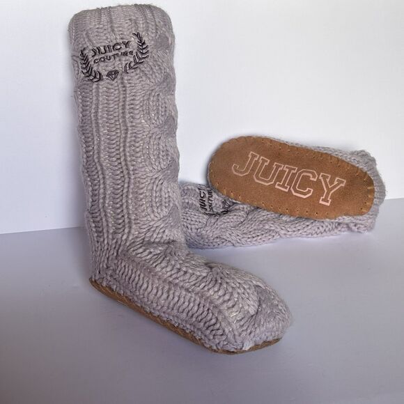 Juicy Couture Womens Cable Knit Knee‎ High Slippers Sock Lavender Leather Sole - Picture 1 of 8